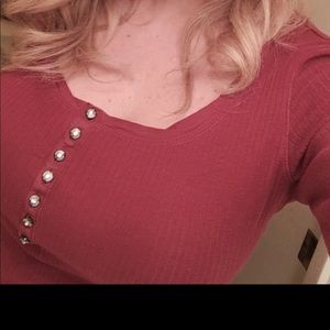 Guess Long Sleeve Ribbed Tee Rhinestones Red L